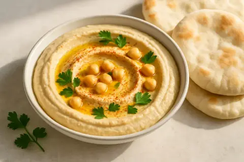 קערת חומוס חלק עם שמן זית, פפריקה וגרגרי חומוס שלמים למעלה