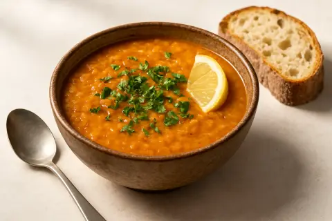 קערת מרק עדשים כתום סמיך עם פטרוזיליה קצוצה ופלח לימון
